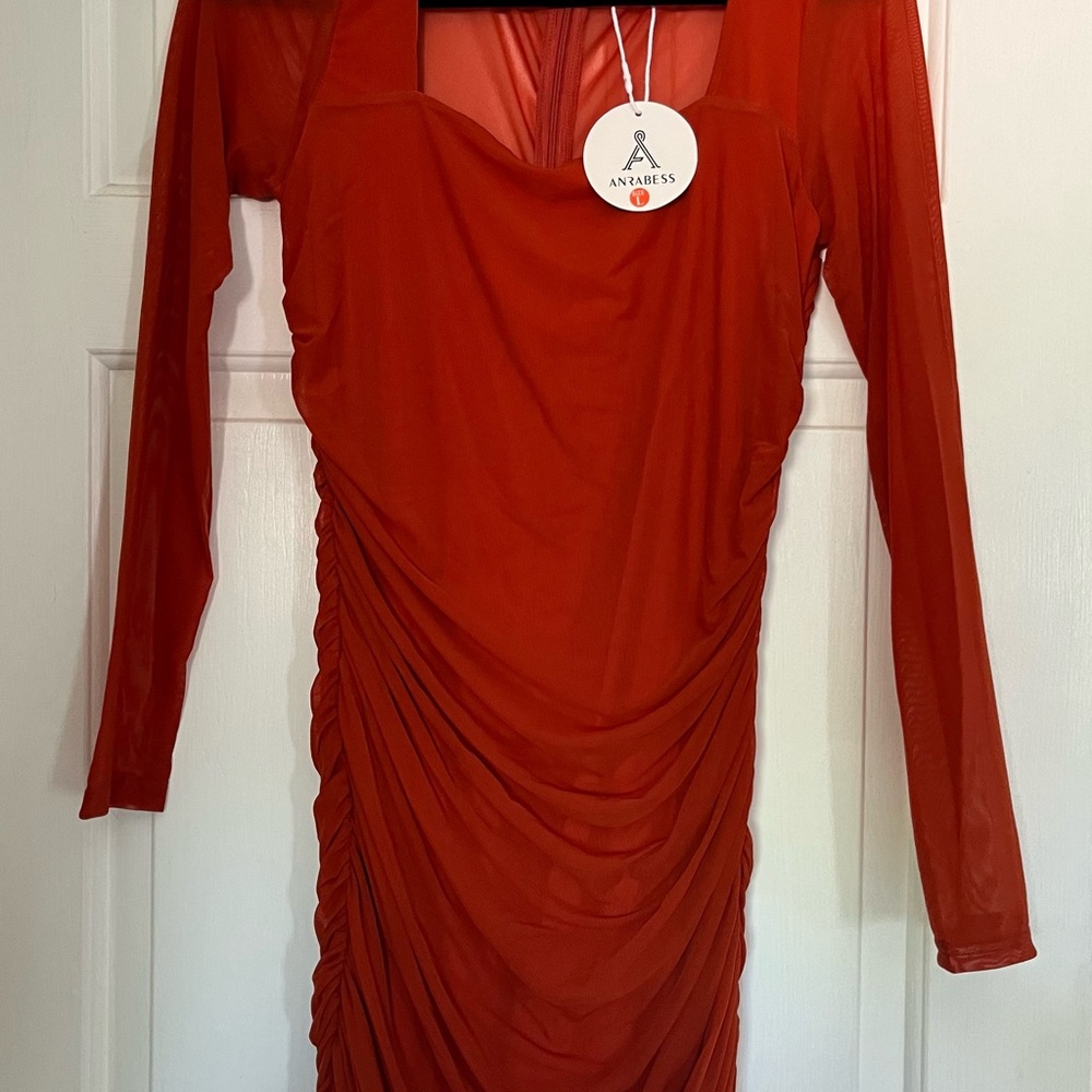 Orange Ruched Long Sleeve Bodycon Dress